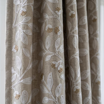 Natural Linen Taupe Embroidered Curtains, White Leaf Vine Drapes, Gold Beige Floral, Custom Blackout Cotton Panels — image 1