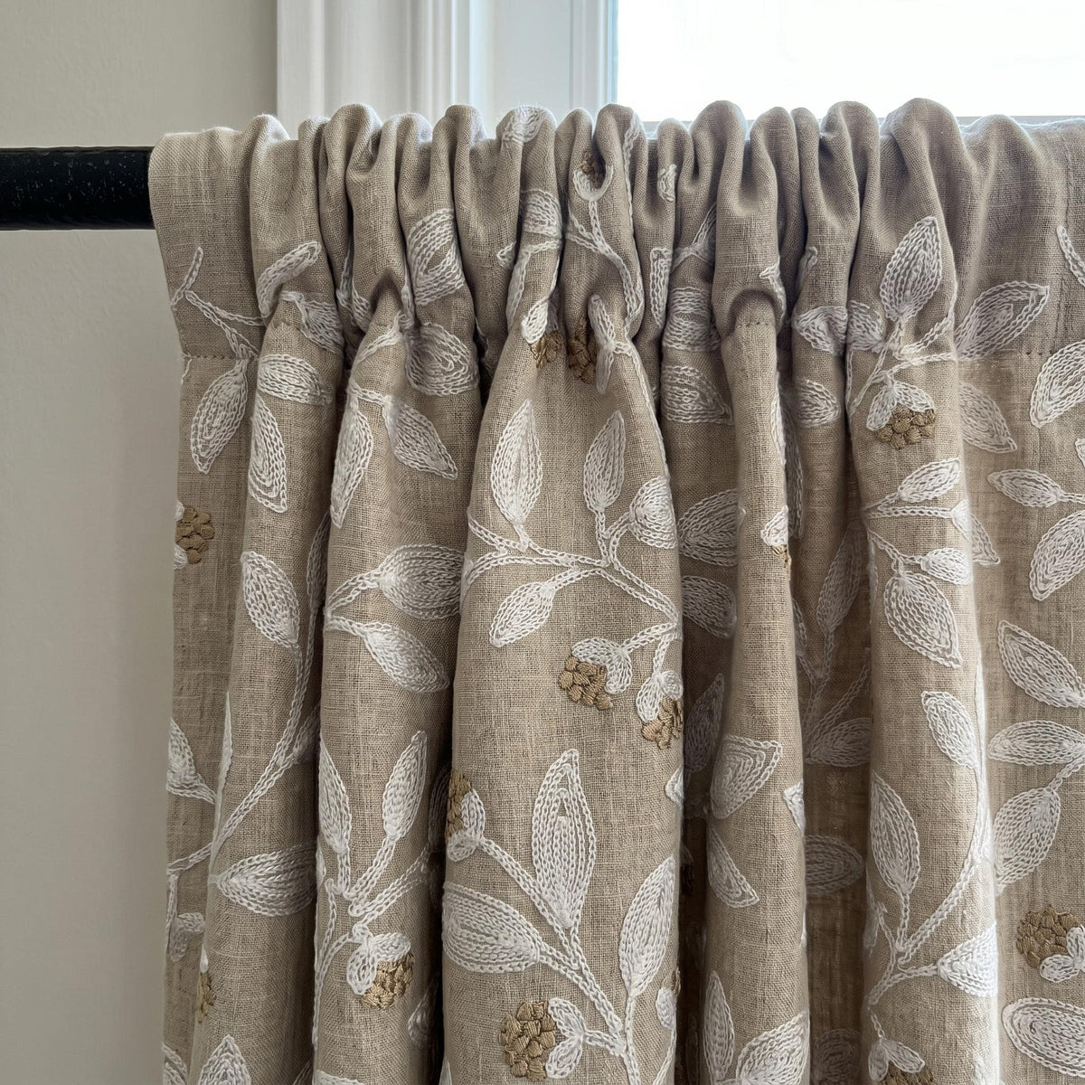 Natural Linen Taupe Embroidered Curtains, White Leaf Vine Drapes, Gold Beige Floral, Custom Blackout Cotton Panels — image 5
