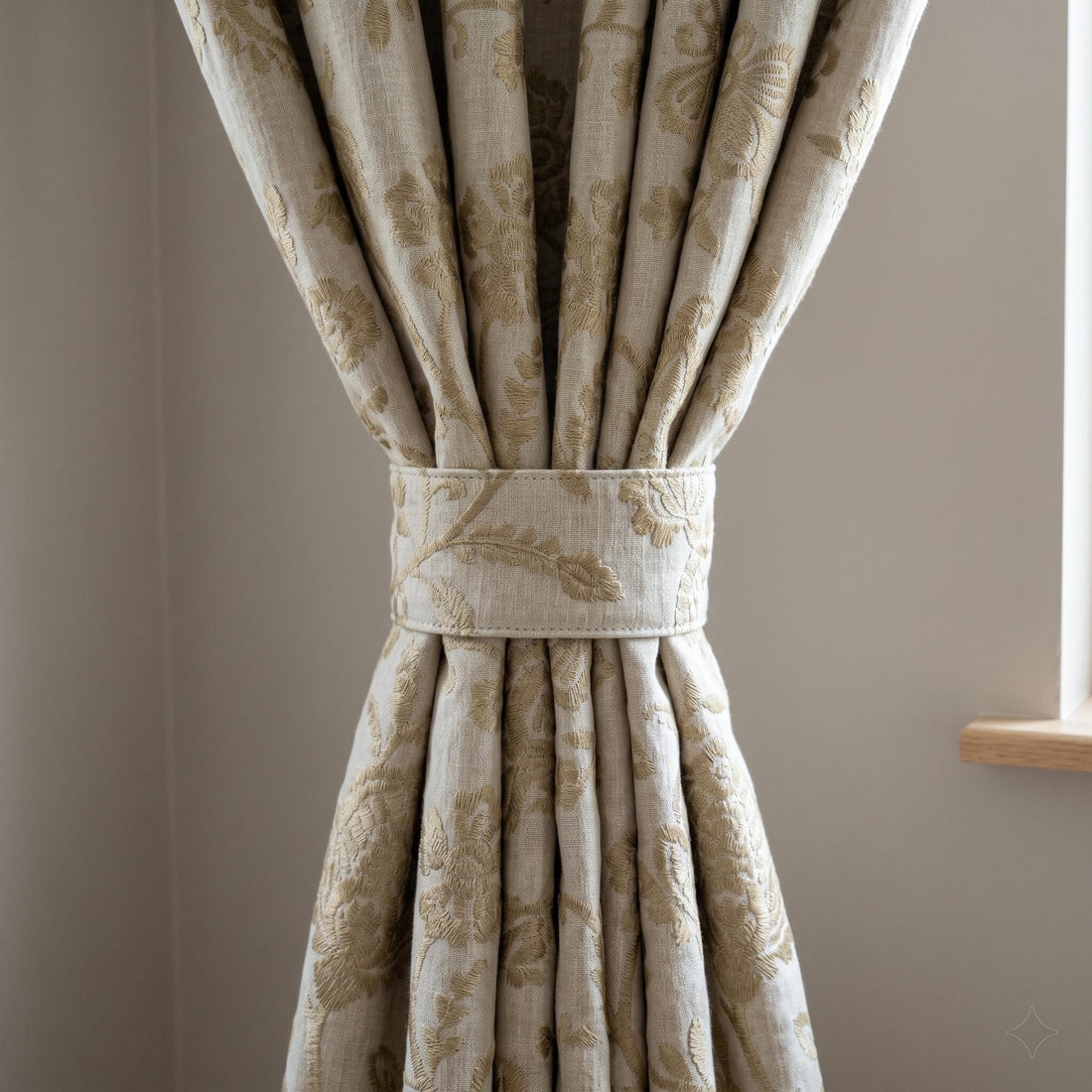 Natural Linen Taupe Embroidered Curtains, Gold Beige Floral Paisley Drapes, Heavy Custom Blackout Cotton Panels — image 1