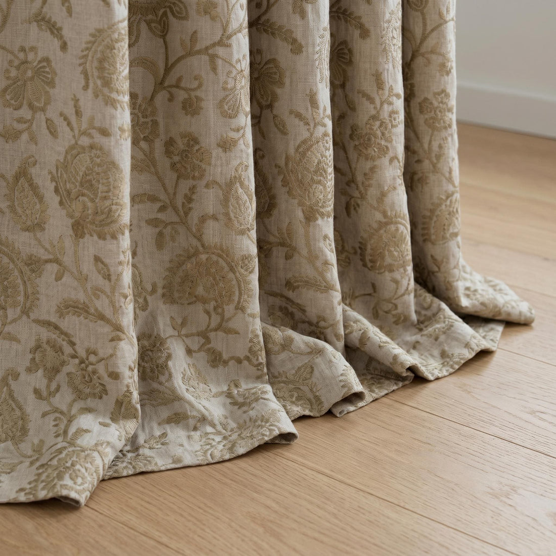 Natural Linen Taupe Embroidered Curtains, Gold Beige Floral Paisley Drapes, Heavy Custom Blackout Cotton Panels — image 1