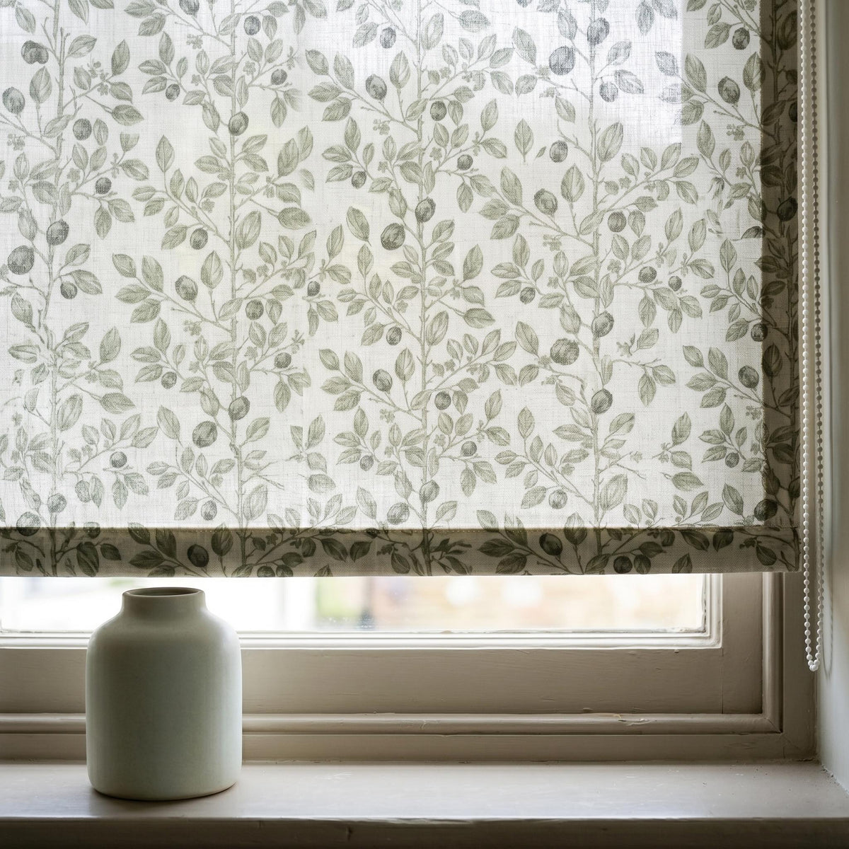 Sage Green Botanical Linen Roman Shade, Natural Beige Corded Roman Blind, Custom Blackout Leaf Window Shade — image 10
