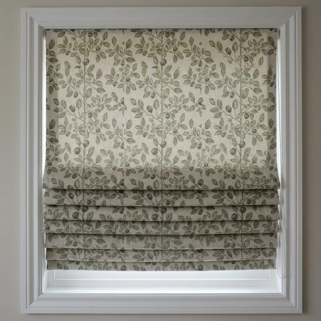 Sage Green Botanical Linen Roman Shade, Natural Beige Corded Roman Blind, Custom Blackout Leaf Window Shade — image 6