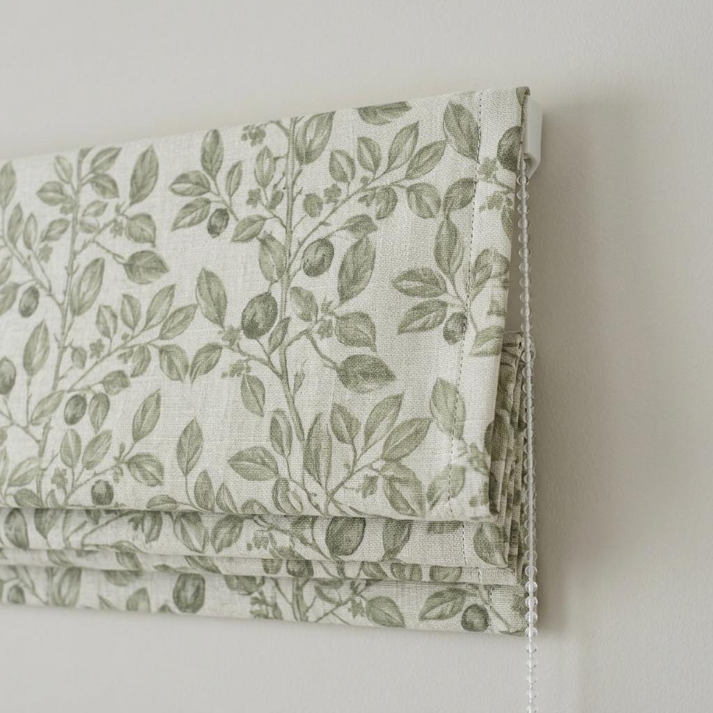 Sage Green Botanical Linen Roman Shade, Natural Beige Corded Roman Blind, Custom Blackout Leaf Window Shade — image 1