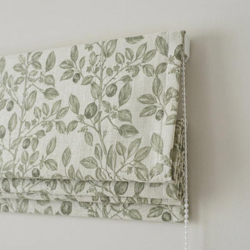 Sage Green Botanical Linen Roman Shade, Natural Beige Corded Roman Blind, Custom Blackout Leaf Window Shade — image 1