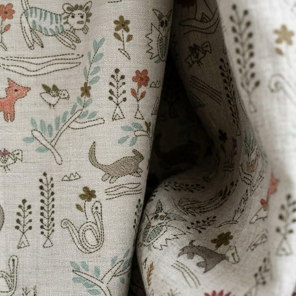 Woodland Animal Linen Curtains, Heavy Natural Oatmeal Nursery Drapes, Safari Folk Print Panels, Cotton Lined or Blackout — image 10