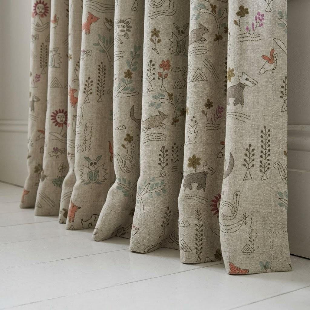 Woodland Animal Linen Curtains, Heavy Natural Oatmeal Nursery Drapes, Safari Folk Print Panels, Cotton Lined or Blackout — image 3