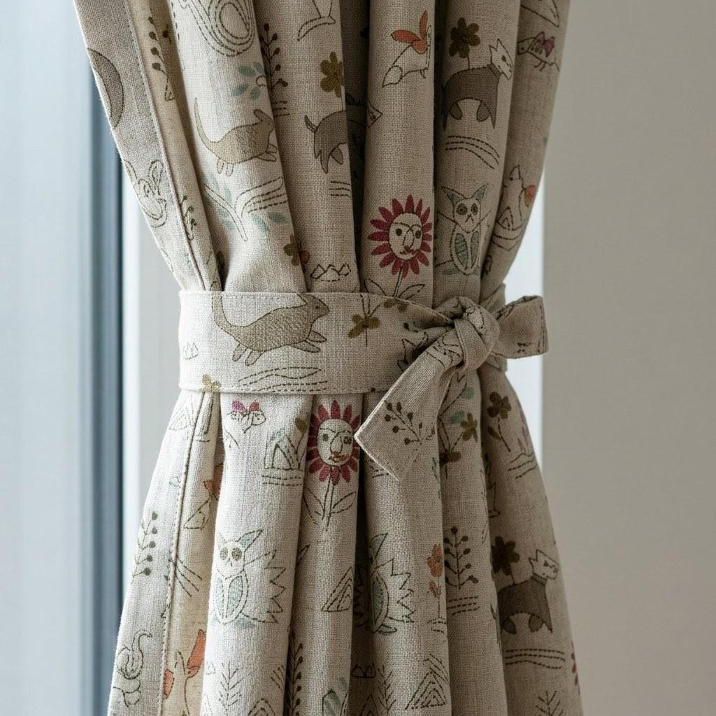 Woodland Animal Linen Curtains, Heavy Natural Oatmeal Nursery Drapes, Safari Folk Print Panels, Cotton Lined or Blackout — image 2