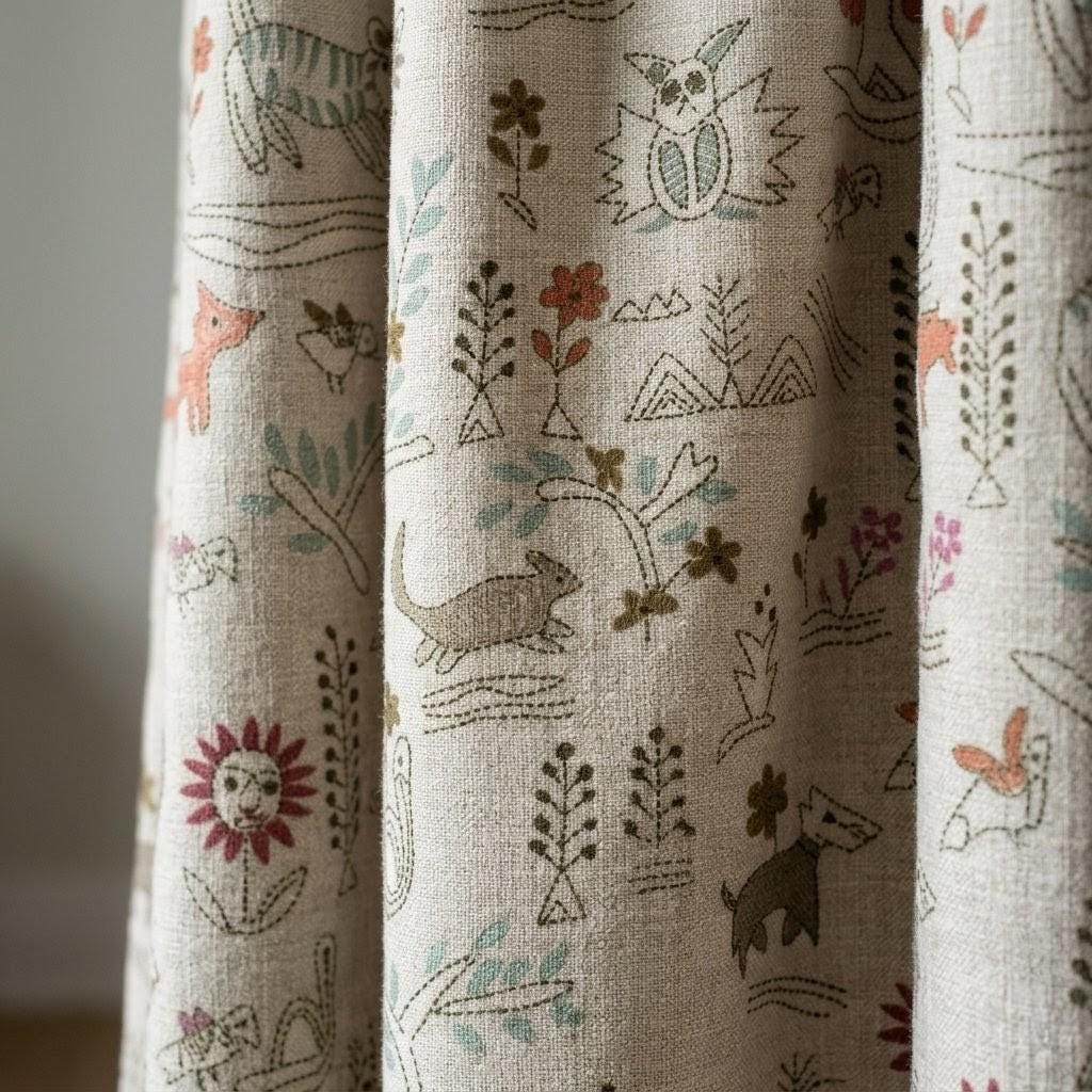 Woodland Animal Linen Curtains, Heavy Natural Oatmeal Nursery Drapes, Safari Folk Print Panels, Cotton Lined or Blackout — image 7