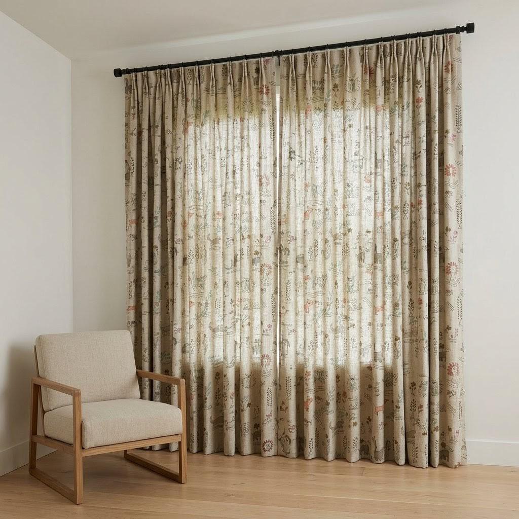 Woodland Animal Linen Curtains, Heavy Natural Oatmeal Nursery Drapes, Safari Folk Print Panels, Cotton Lined or Blackout — image 8