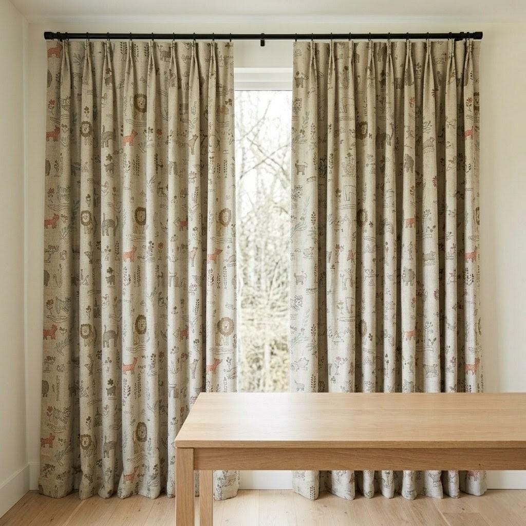 Woodland Animal Linen Curtains, Heavy Natural Oatmeal Nursery Drapes, Safari Folk Print Panels, Cotton Lined or Blackout — image 9
