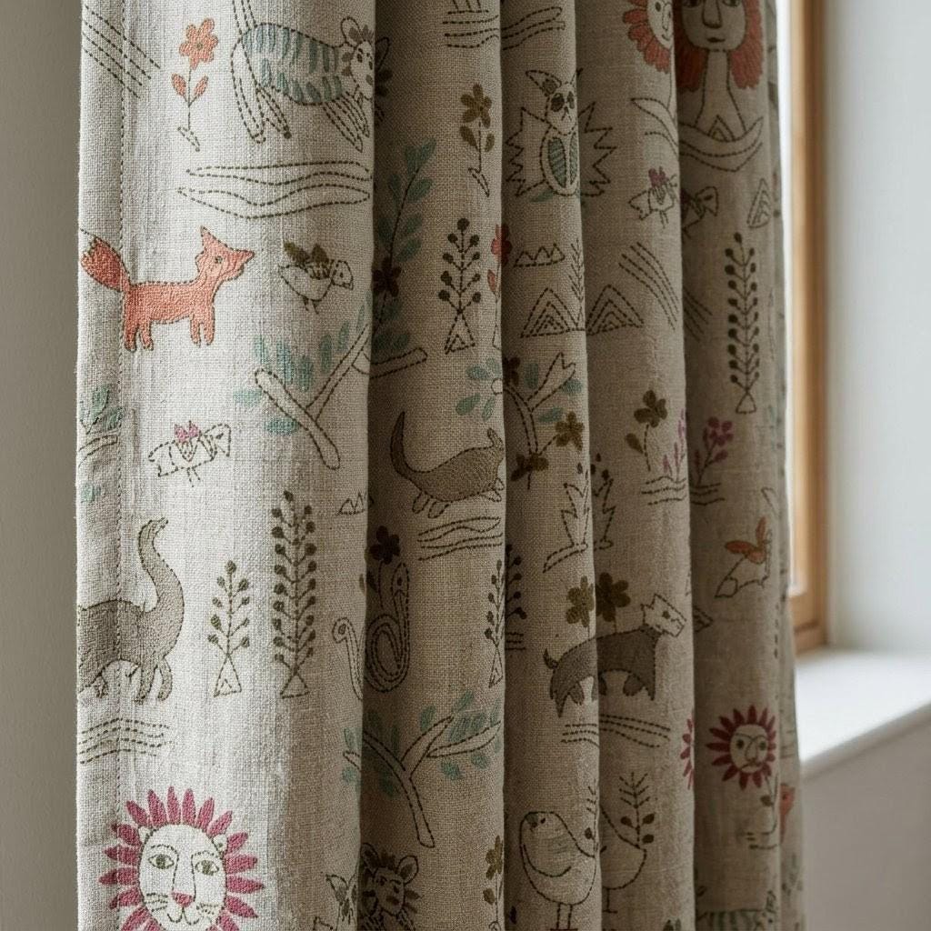Woodland Animal Linen Curtains, Heavy Natural Oatmeal Nursery Drapes, Safari Folk Print Panels, Cotton Lined or Blackout — image 1