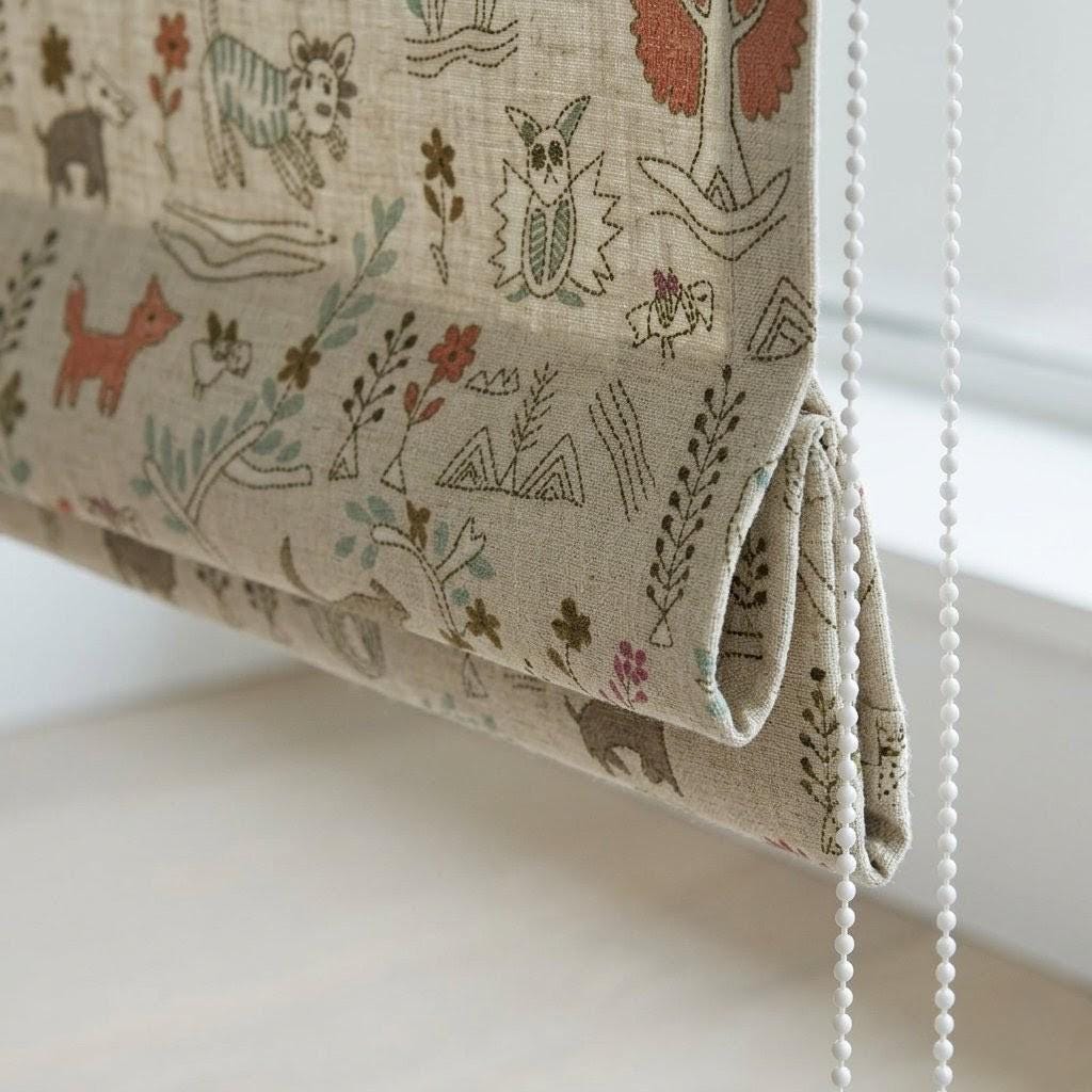 Woodland Animal Linen Roman Shade, Nursery Blind, Oatmeal Beige Fox Rabbit Print, Custom Corded Blackout Window Shade — image 5