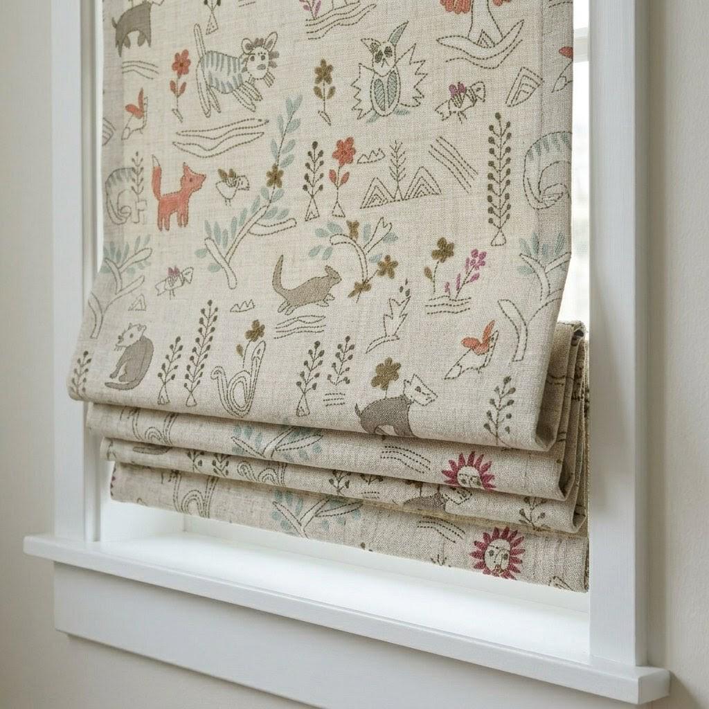 Woodland Animal Linen Roman Shade, Nursery Blind, Oatmeal Beige Fox Rabbit Print, Custom Corded Blackout Window Shade — image 2
