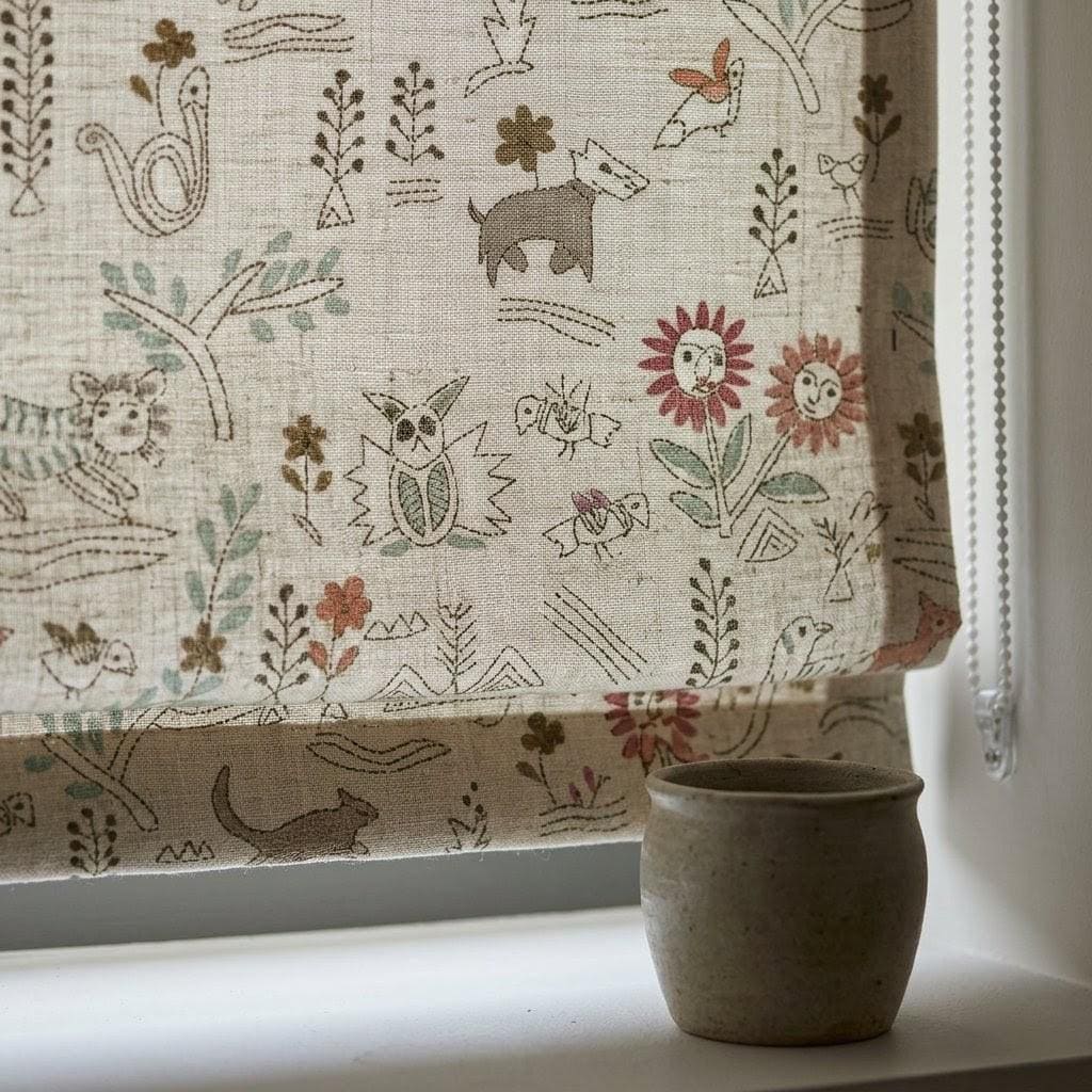 Woodland Animal Linen Roman Shade, Nursery Blind, Oatmeal Beige Fox Rabbit Print, Custom Corded Blackout Window Shade — image 7