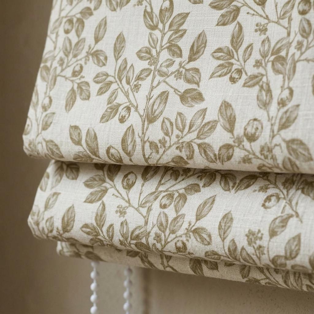 Sage Olive Botanical Linen Roman Shade, Custom Corded Roman Blind, Floral Vine Window Shade, Blackout or Light Filtering — image 1