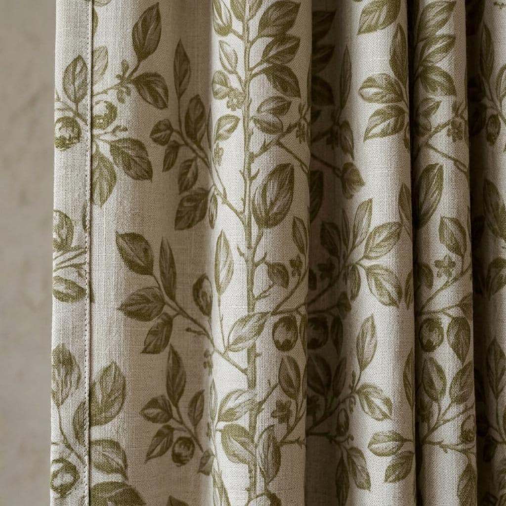 Heavy Sage Olive Botanical Pure Linen Curtains, Oatmeal Flax Leaf Vine Drapes, Blackout or Cotton Lined Panels — image 1