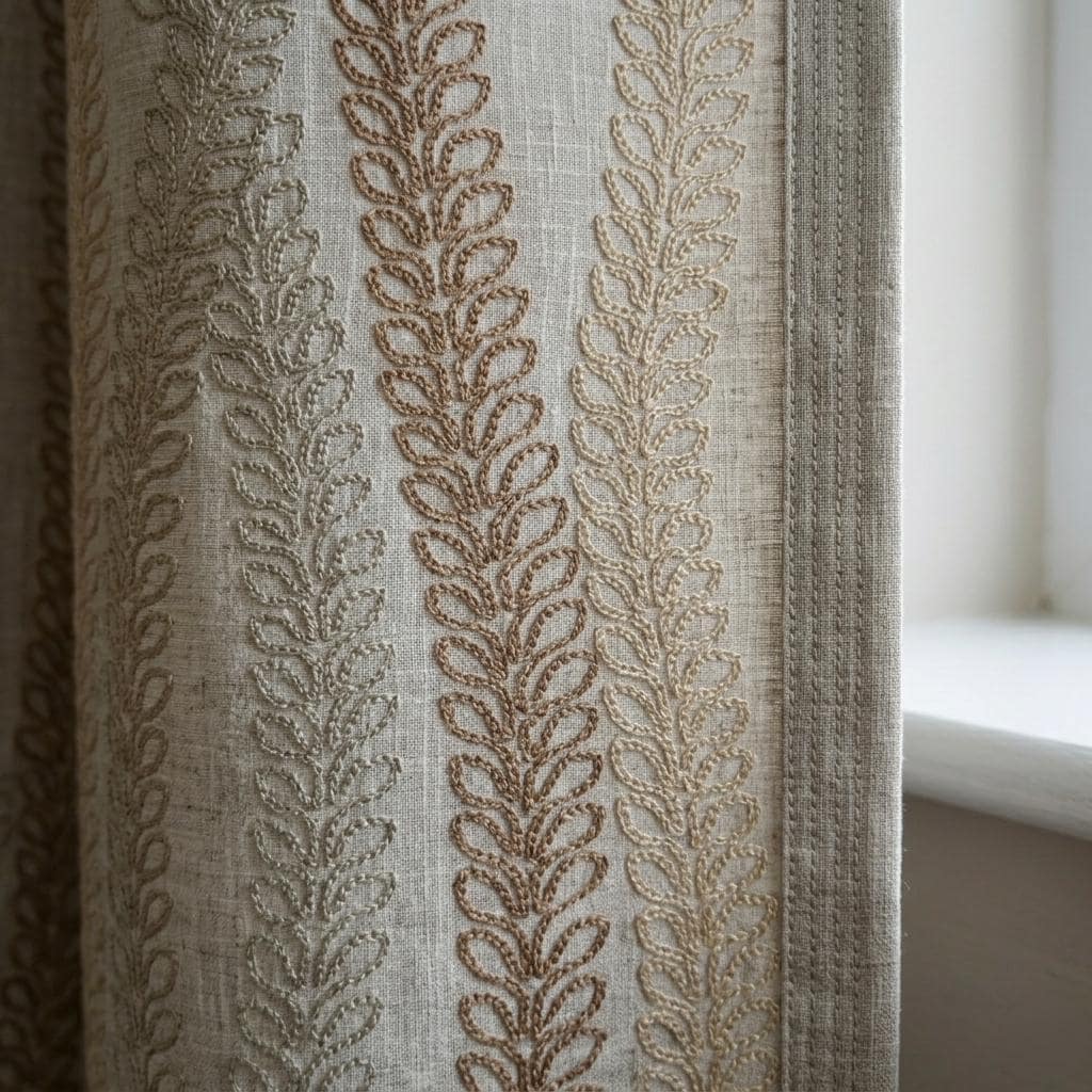 Natural Taupe Linen Embroidered Curtains, Leaf Vine Farmhouse Drapes, Heavy Linen Panels, Cotton Lined or Blackout — image 1