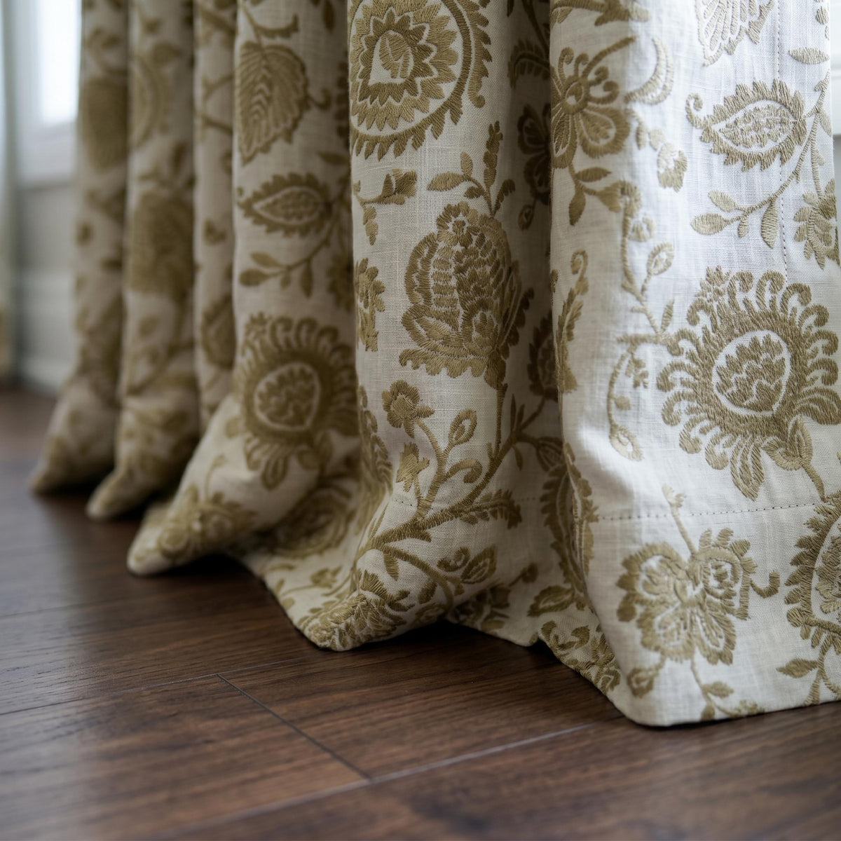 Natural Taupe Linen Embroidered Curtains, Floral Vine Farmhouse Drapes, Heavy Linen Panels, Cotton Lined or Blackout — image 4