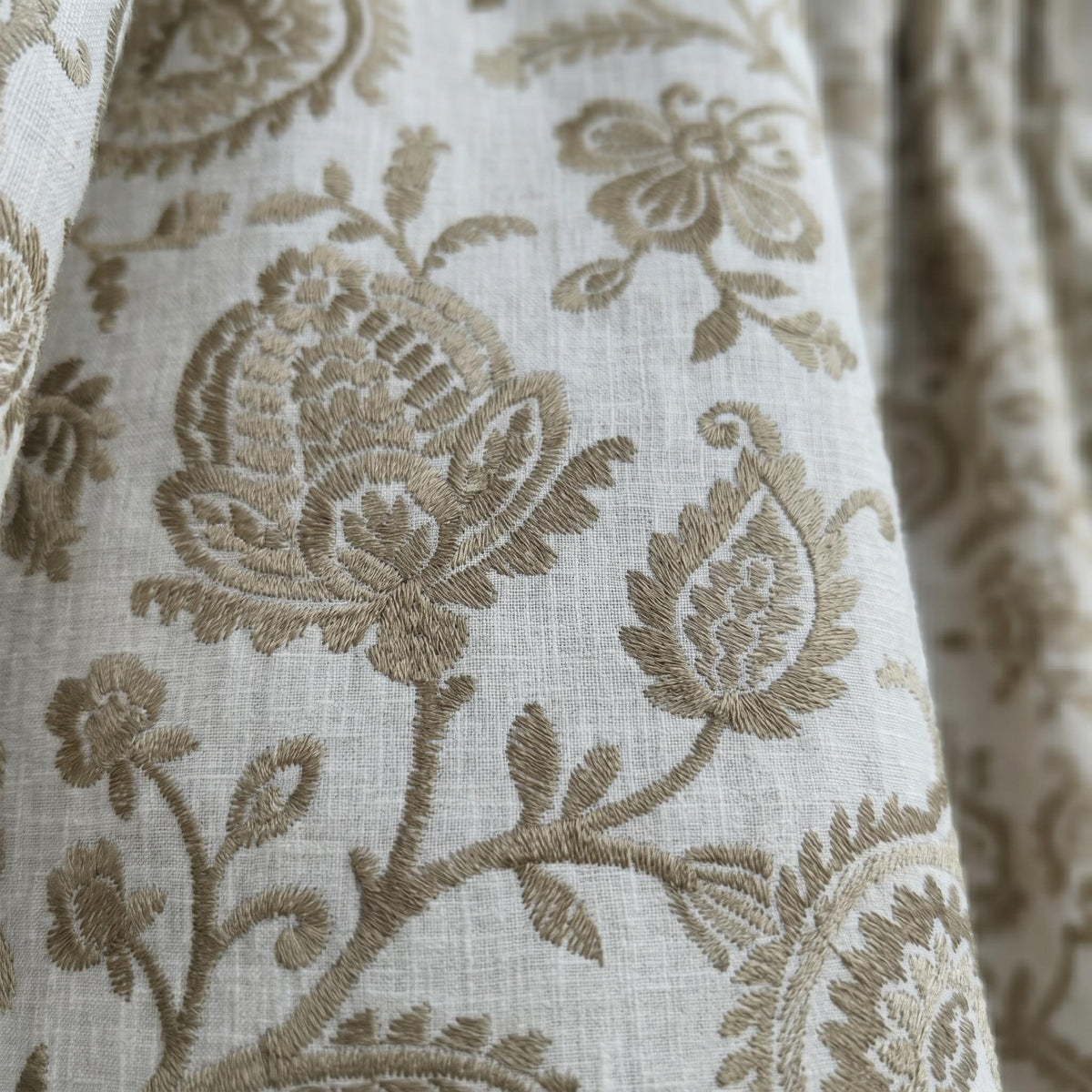 Natural Taupe Linen Embroidered Curtains, Floral Vine Farmhouse Drapes, Heavy Linen Panels, Cotton Lined or Blackout — image 8