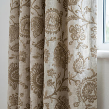 Natural Taupe Linen Embroidered Curtains, Floral Vine Farmhouse Drapes, Heavy Linen Panels, Cotton Lined or Blackout — image 1