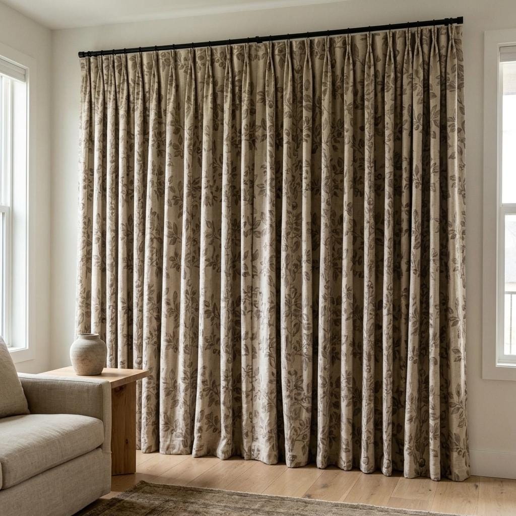 Heavy Pure Linen Curtains, Taupe Botanical Leaf Vine Drapes, Oatmeal Beige Blackout or Cotton Lined Panels — image 3