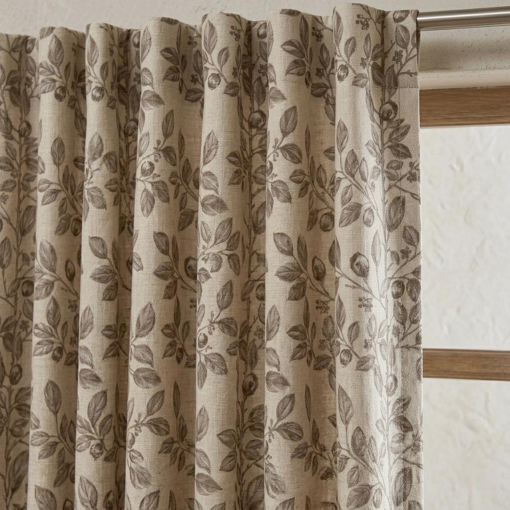 Heavy Pure Linen Curtains, Taupe Botanical Leaf Vine Drapes, Oatmeal Beige Blackout or Cotton Lined Panels — image 2