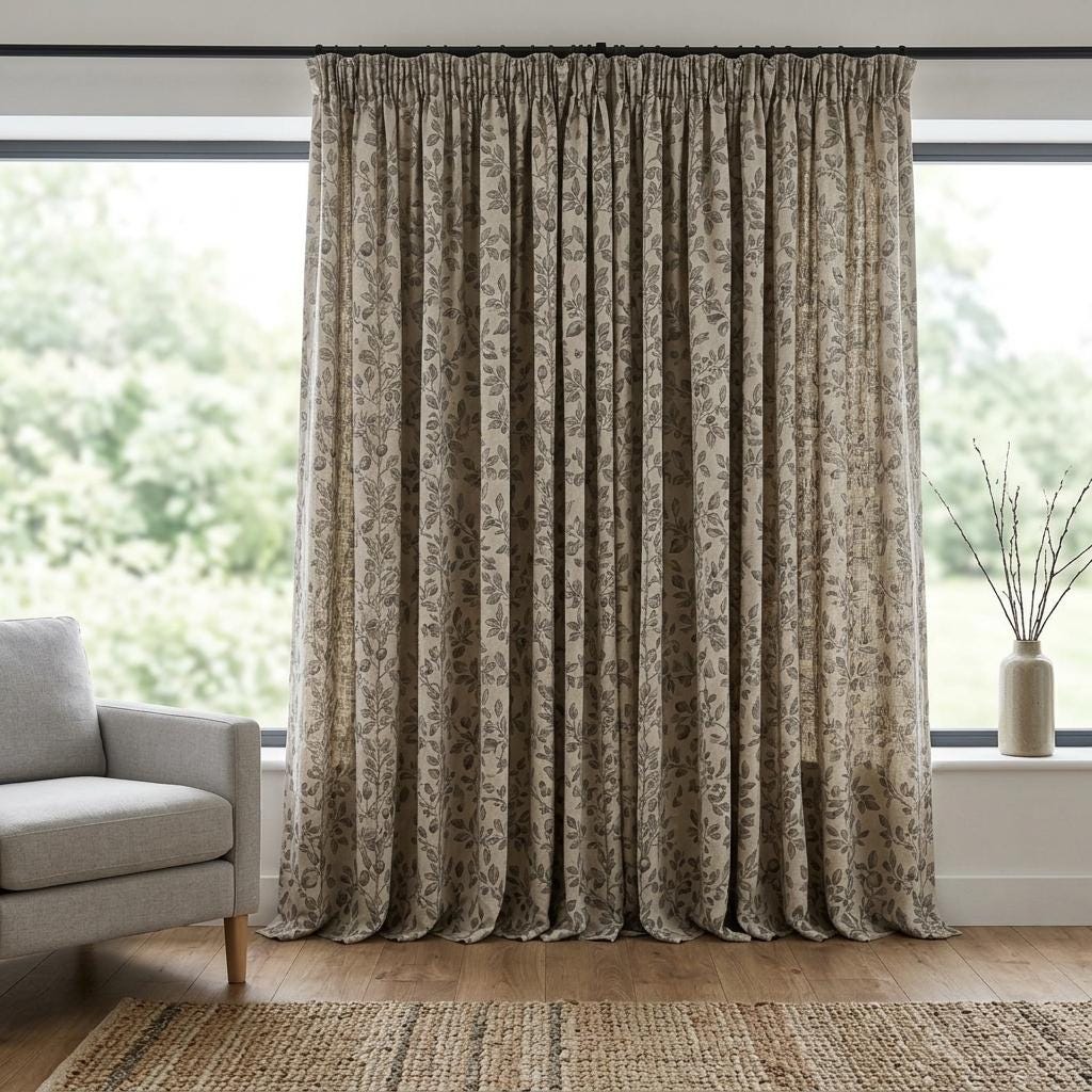 Heavy Pure Linen Curtains, Gray Taupe Botanical Leaf Vine Drapes, Oatmeal Beige Blackout or Cotton Lined Panels — image 8