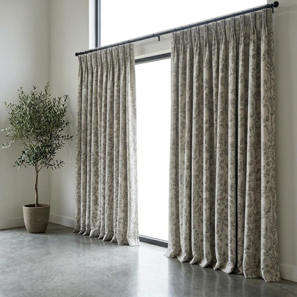 Heavy Pure Linen Curtains, Gray Taupe Botanical Leaf Vine Drapes, Oatmeal Beige Blackout or Cotton Lined Panels — image 4