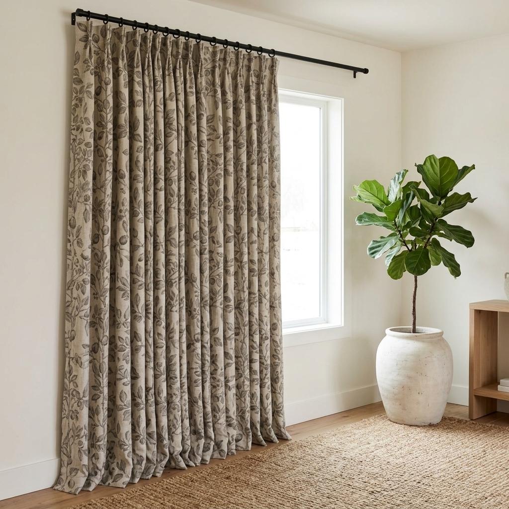 Heavy Pure Linen Curtains, Gray Taupe Botanical Leaf Vine Drapes, Oatmeal Beige Blackout or Cotton Lined Panels — image 10