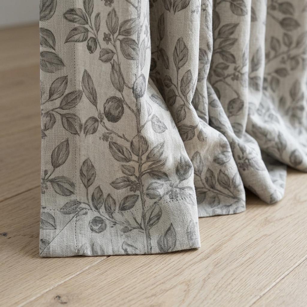 Heavy Pure Linen Curtains, Gray Taupe Botanical Leaf Vine Drapes, Oatmeal Beige Blackout or Cotton Lined Panels — image 3