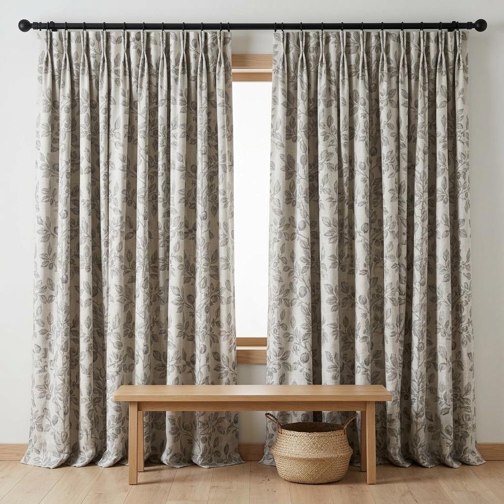 Heavy Pure Linen Curtains, Gray Taupe Botanical Leaf Vine Drapes, Oatmeal Beige Blackout or Cotton Lined Panels — image 9