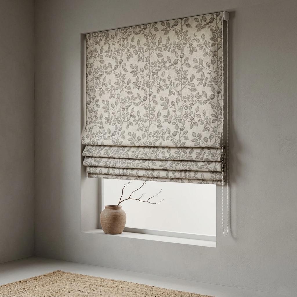Grey Taupe Botanical Linen Roman Shade, Custom Corded Roman Blind, Floral Vine Window Shade, Blackout or Cotton Lined — image 6