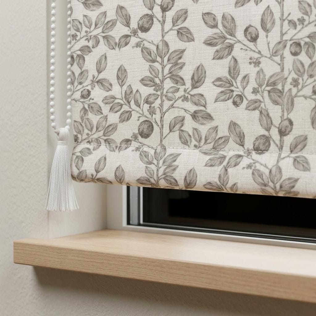 Grey Taupe Botanical Linen Roman Shade, Custom Corded Roman Blind, Floral Vine Window Shade, Blackout or Cotton Lined — image 5