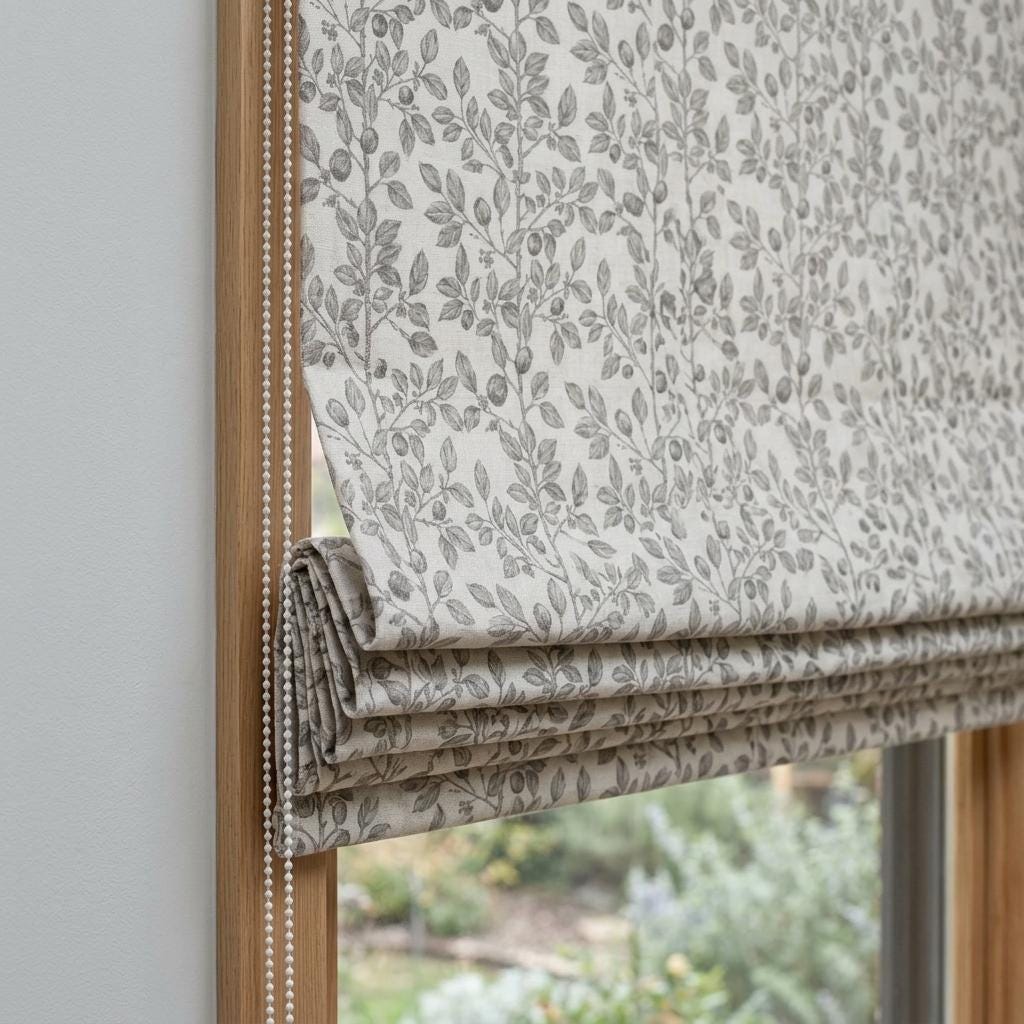 Grey Taupe Botanical Linen Roman Shade, Custom Corded Roman Blind, Floral Vine Window Shade, Blackout or Cotton Lined — image 4