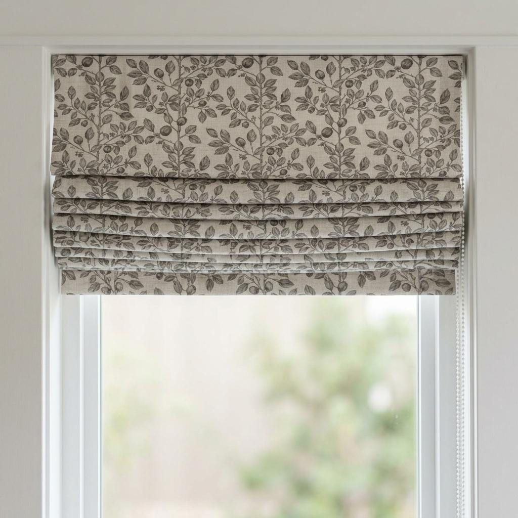 Grey Taupe Botanical Linen Roman Shade, Custom Corded Roman Blind, Floral Vine Window Shade, Blackout or Cotton Lined — image 3