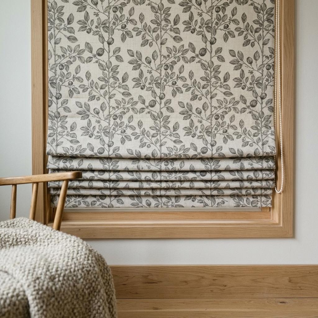 Grey Taupe Botanical Linen Roman Shade, Custom Corded Roman Blind, Floral Vine Window Shade, Blackout or Cotton Lined — image 10
