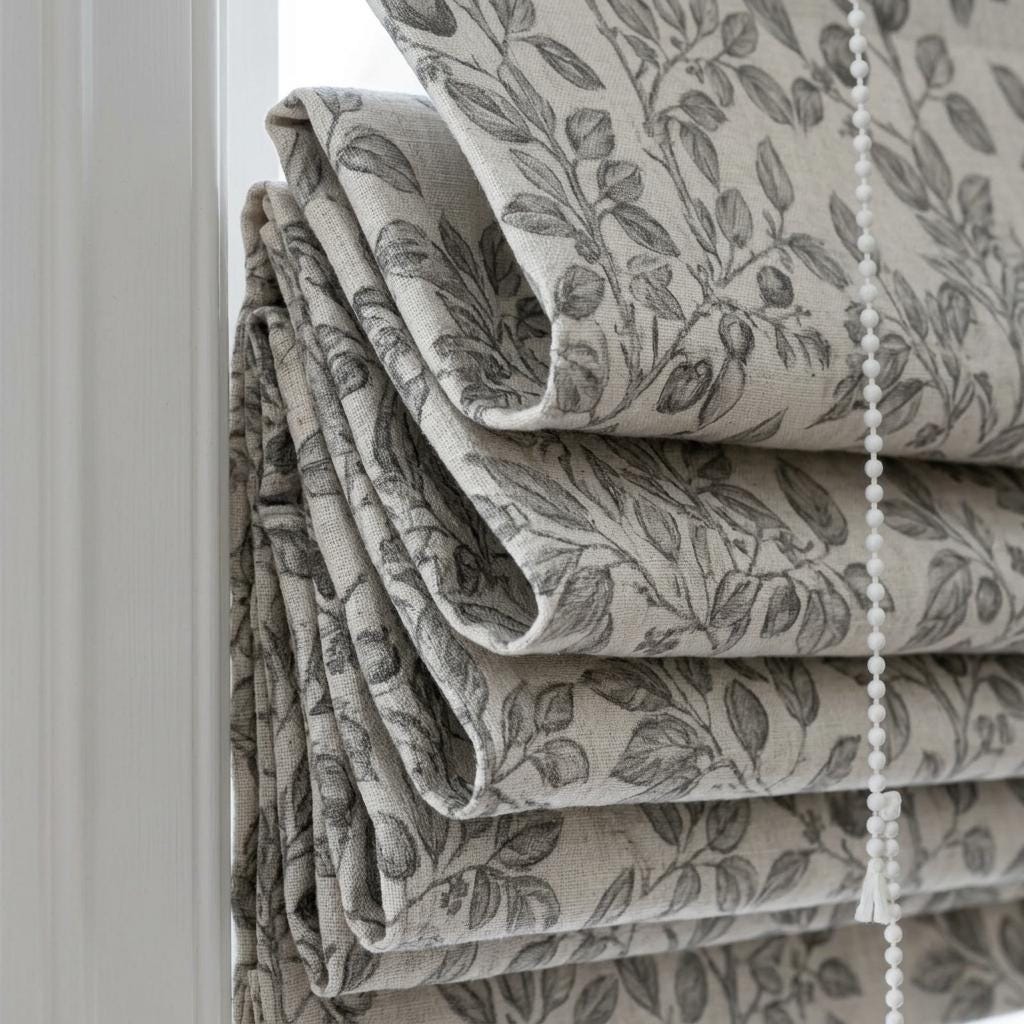 Grey Taupe Botanical Linen Roman Shade, Custom Corded Roman Blind, Floral Vine Window Shade, Blackout or Cotton Lined — image 1