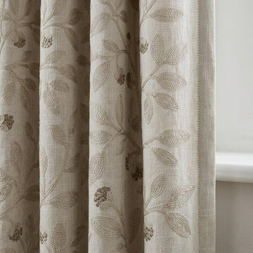 Light Natural Taupe Linen Embroidered Curtains, Botanical Leaf Drapes, Heavy Linen Panels, Cotton Lined or Blackout — image 1