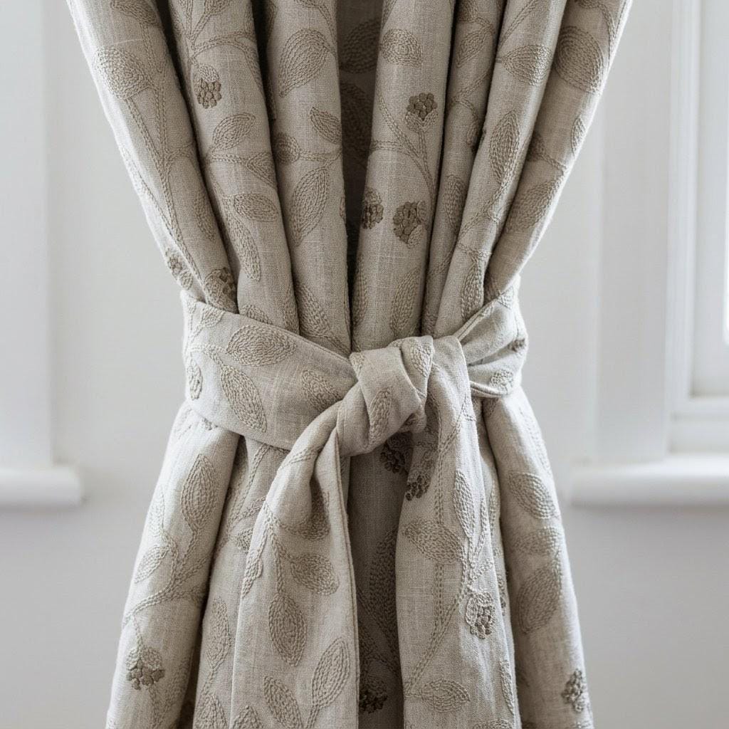 Light Natural Taupe Linen Embroidered Curtains, Botanical Leaf Drapes, Heavy Linen Panels, Cotton Lined or Blackout — image 1