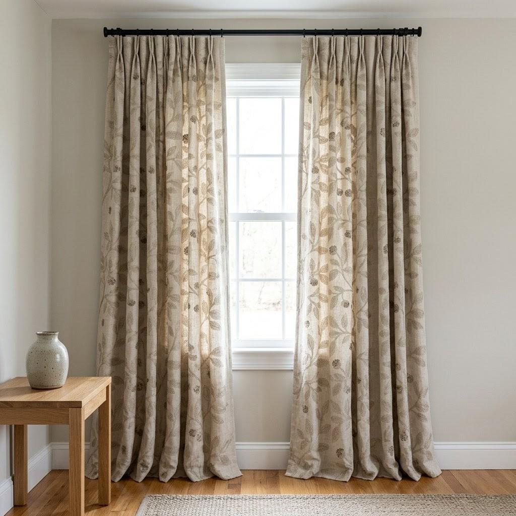 Light Natural Taupe Linen Embroidered Curtains, Botanical Leaf Drapes, Heavy Linen Panels, Cotton Lined or Blackout — image 5