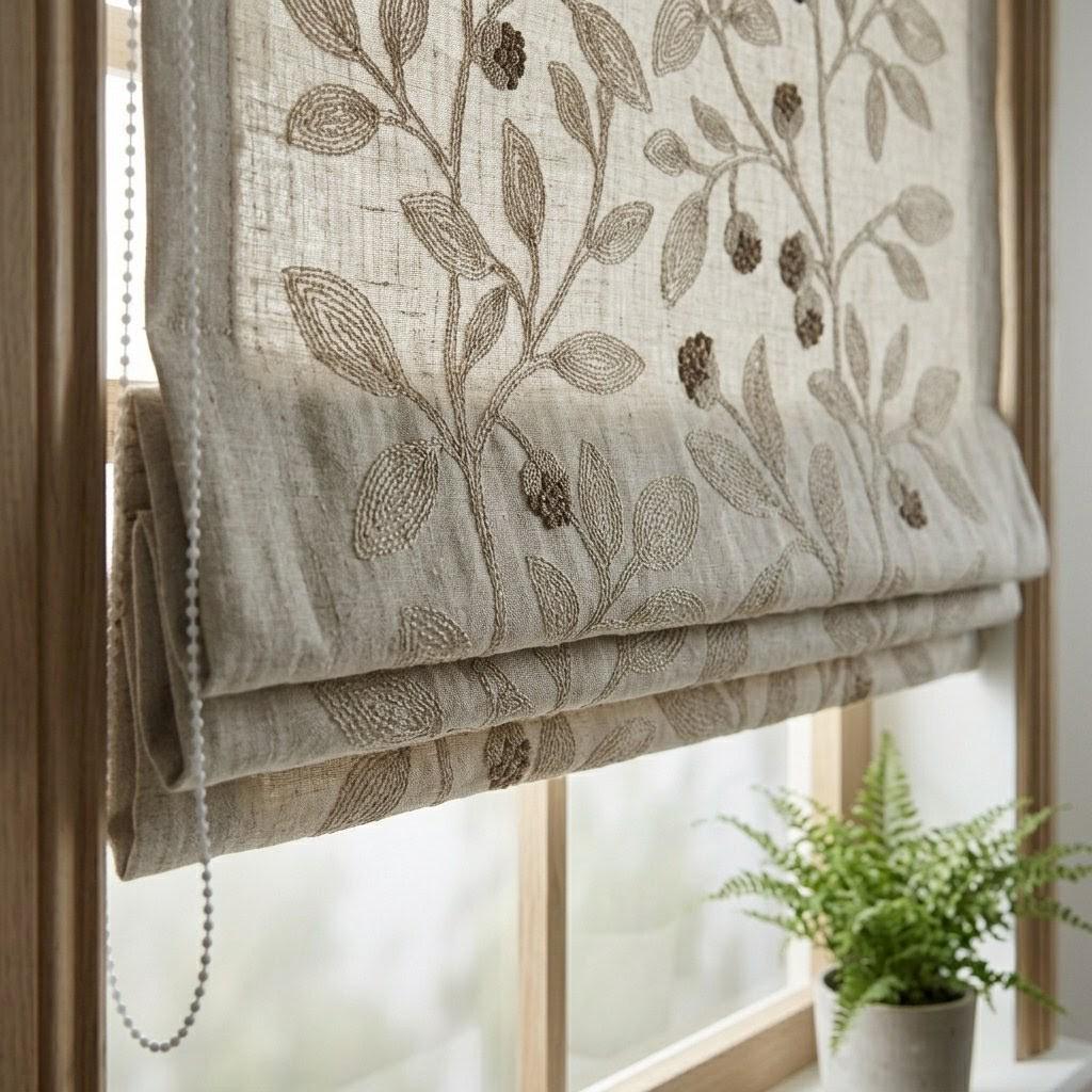 Natural Beige Embroidered Linen Roman Shade, Botanical Vine Custom Corded Blind, Blackout or Cotton Lined — image 1