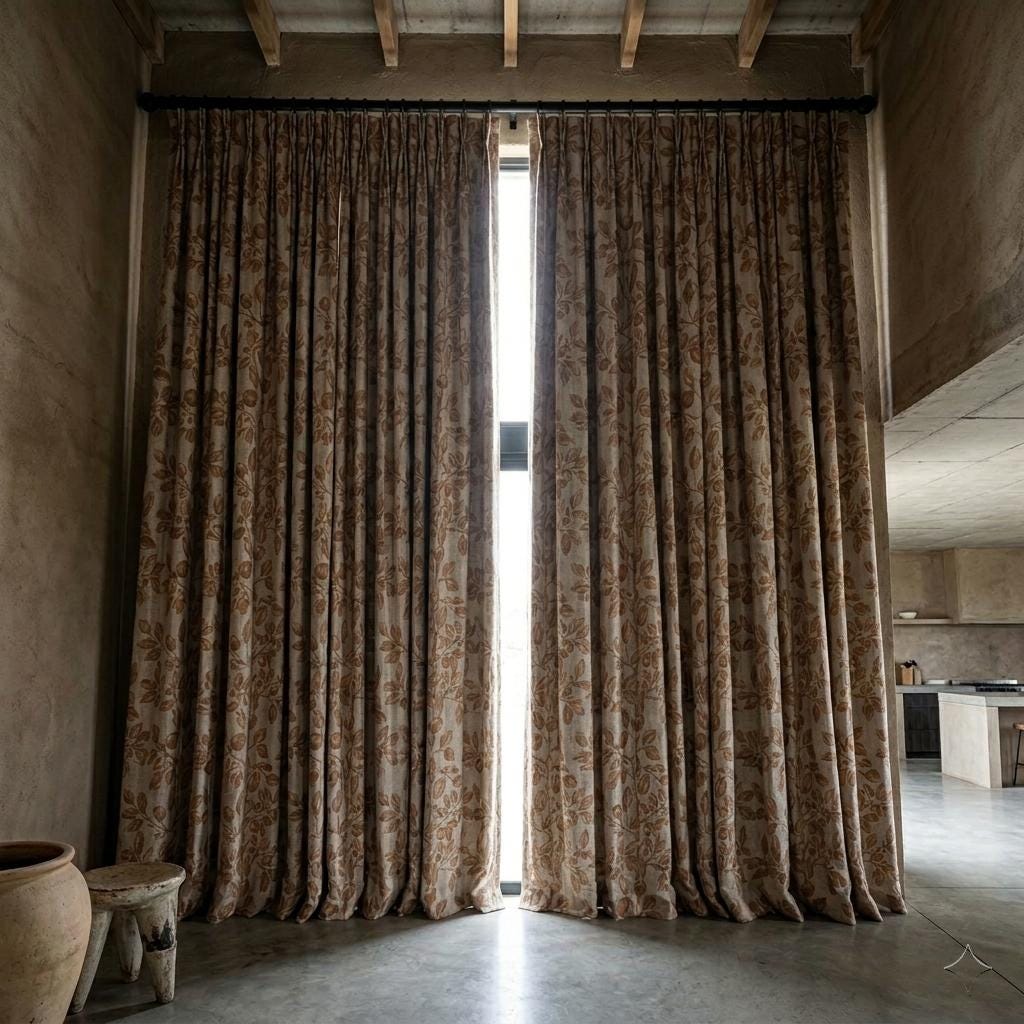 Heavy Pure Linen Curtains, Warm Tan Brown Botanical Leaf Vine Drapes, Oatmeal Beige Blackout or Cotton Lined Panels — image 7