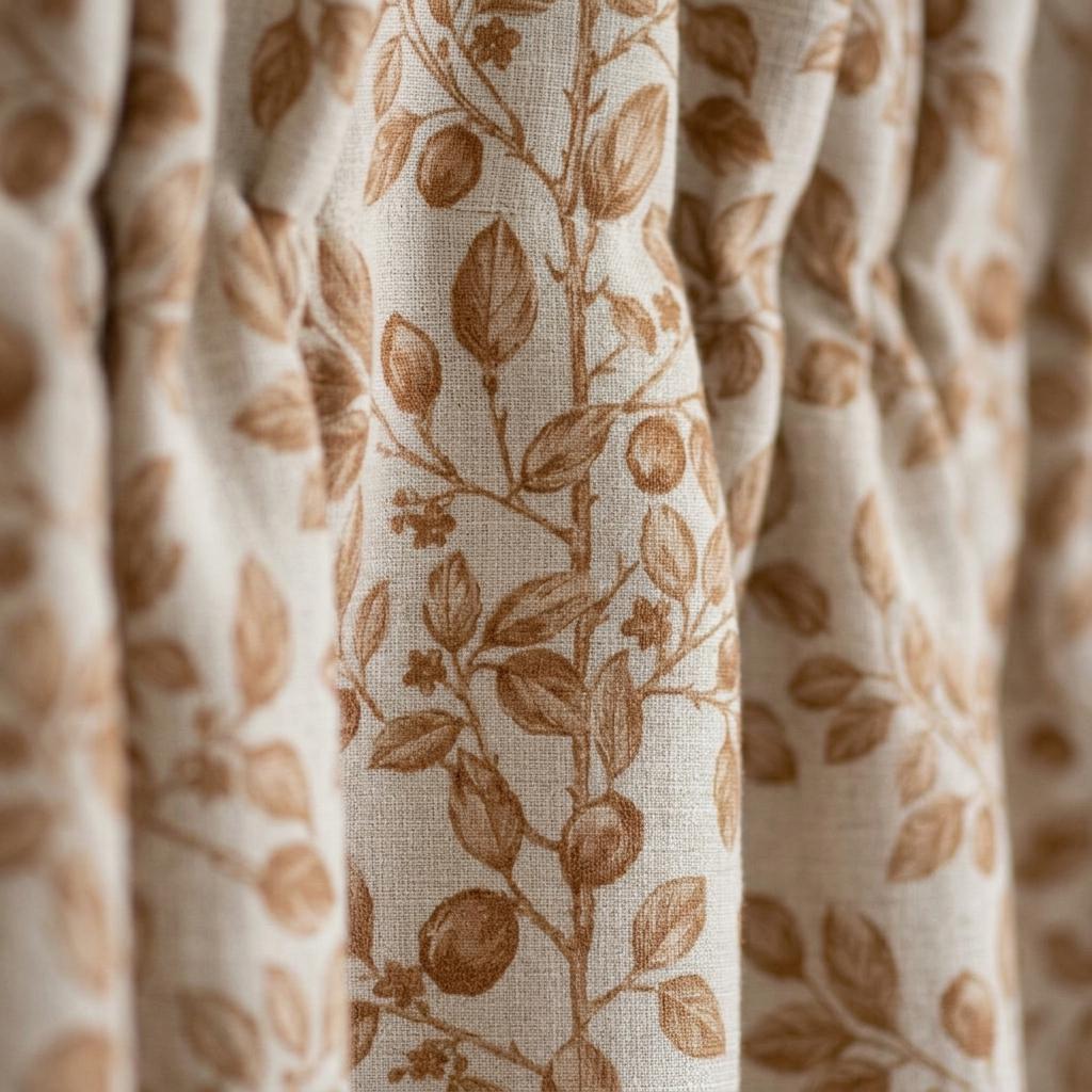 Heavy Pure Linen Curtains, Warm Tan Brown Botanical Leaf Vine Drapes, Oatmeal Beige Blackout or Cotton Lined Panels — image 8