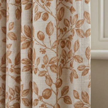 Heavy Pure Linen Curtains, Warm Tan Brown Botanical Leaf Vine Drapes, Oatmeal Beige Blackout or Cotton Lined Panels — image 1