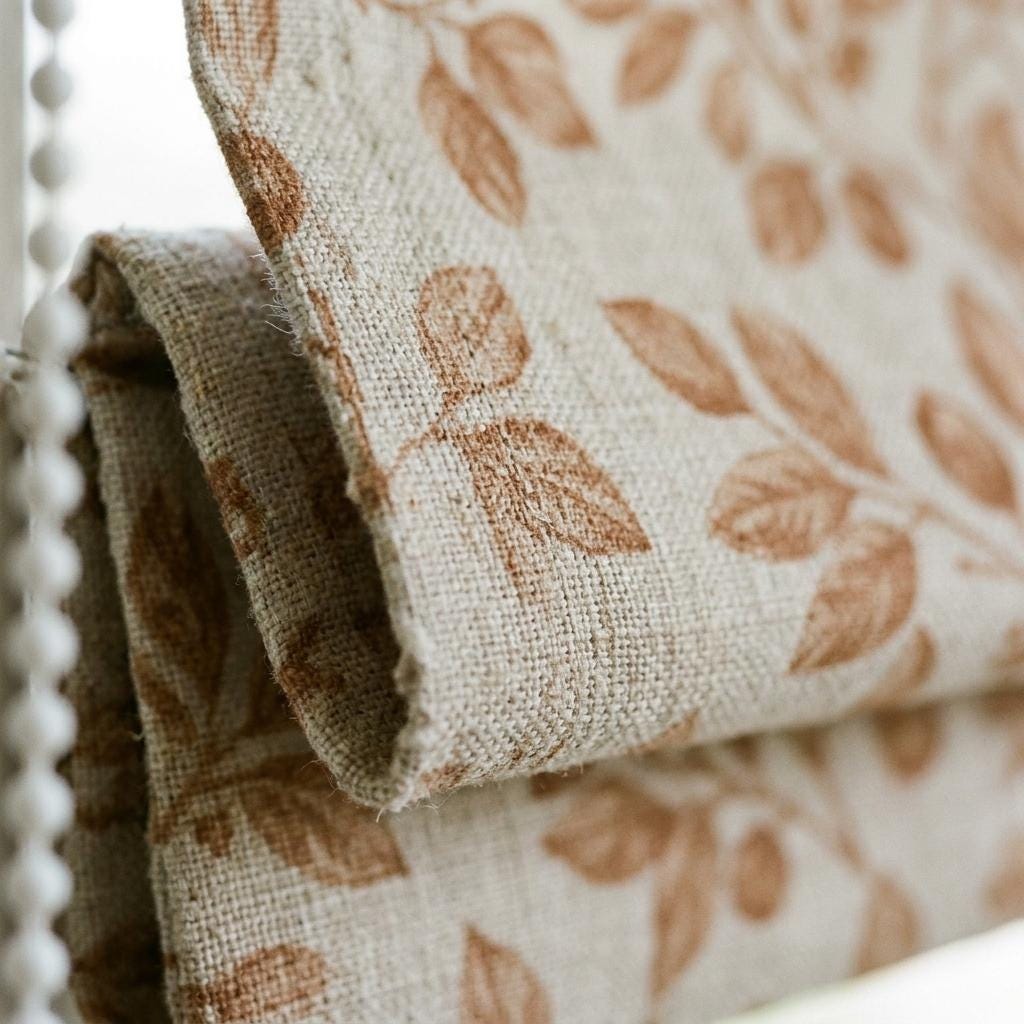 Terracotta Botanical Linen Roman Shade, Custom Corded Roman Blind, Rust Floral Vine Window Shade, Blackout or Lined — image 1
