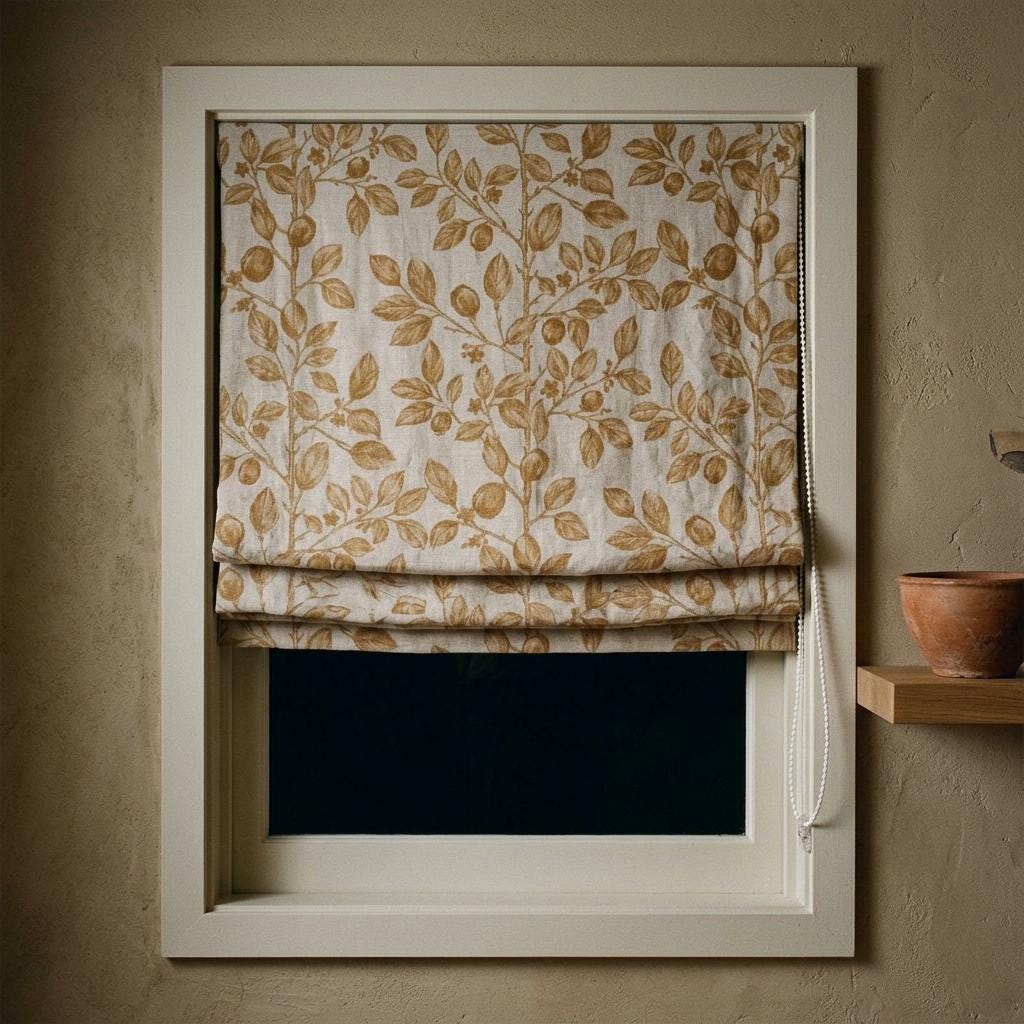Terracotta Botanical Linen Roman Shade, Custom Corded Roman Blind, Rust Floral Vine Window Shade, Blackout or Lined — image 2