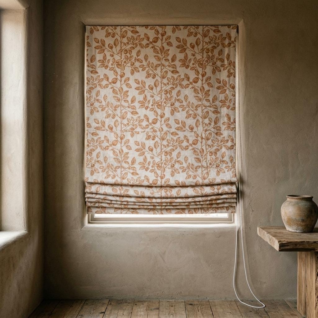 Terracotta Botanical Linen Roman Shade, Custom Corded Roman Blind, Rust Floral Vine Window Shade, Blackout or Lined — image 3