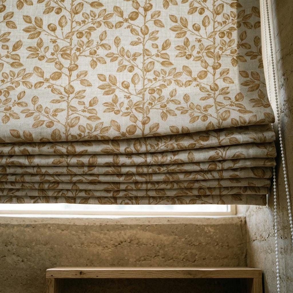 Terracotta Botanical Linen Roman Shade, Custom Corded Roman Blind, Rust Floral Vine Window Shade, Blackout or Lined — image 9