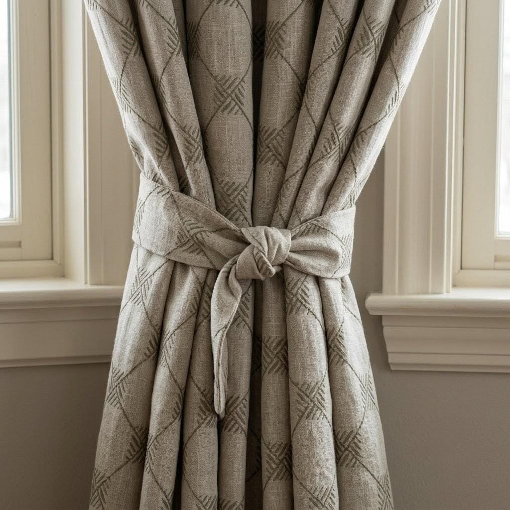 Light Taupe Linen Embroidered Curtains, Grey Diamond Geometric Drapes, Heavy Linen Panels, Cotton Lined or Blackout — image 1