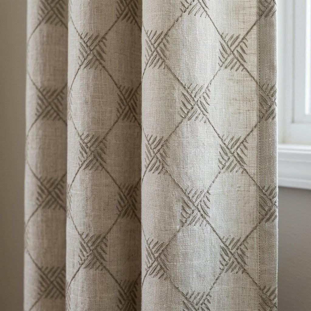 Light Taupe Linen Embroidered Curtains, Grey Diamond Geometric Drapes, Heavy Linen Panels, Cotton Lined or Blackout — image 1